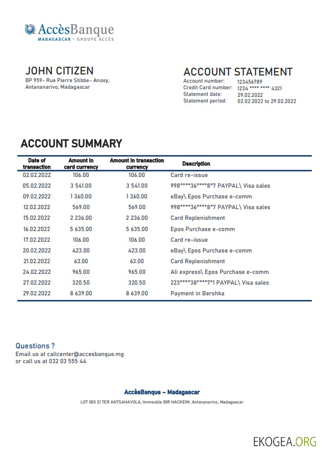 Relevé bancaire Madagascar Acces Banque
